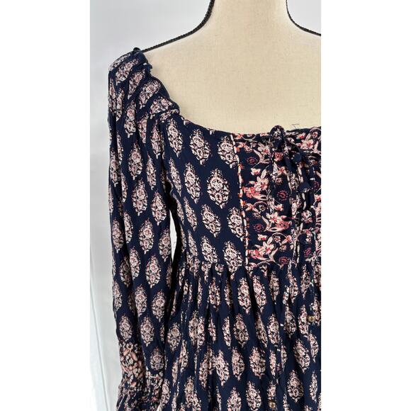 Angie Smocked Boho Floral Dress S NWT Navy Blue Pink Romantic - Picture 5 of 5